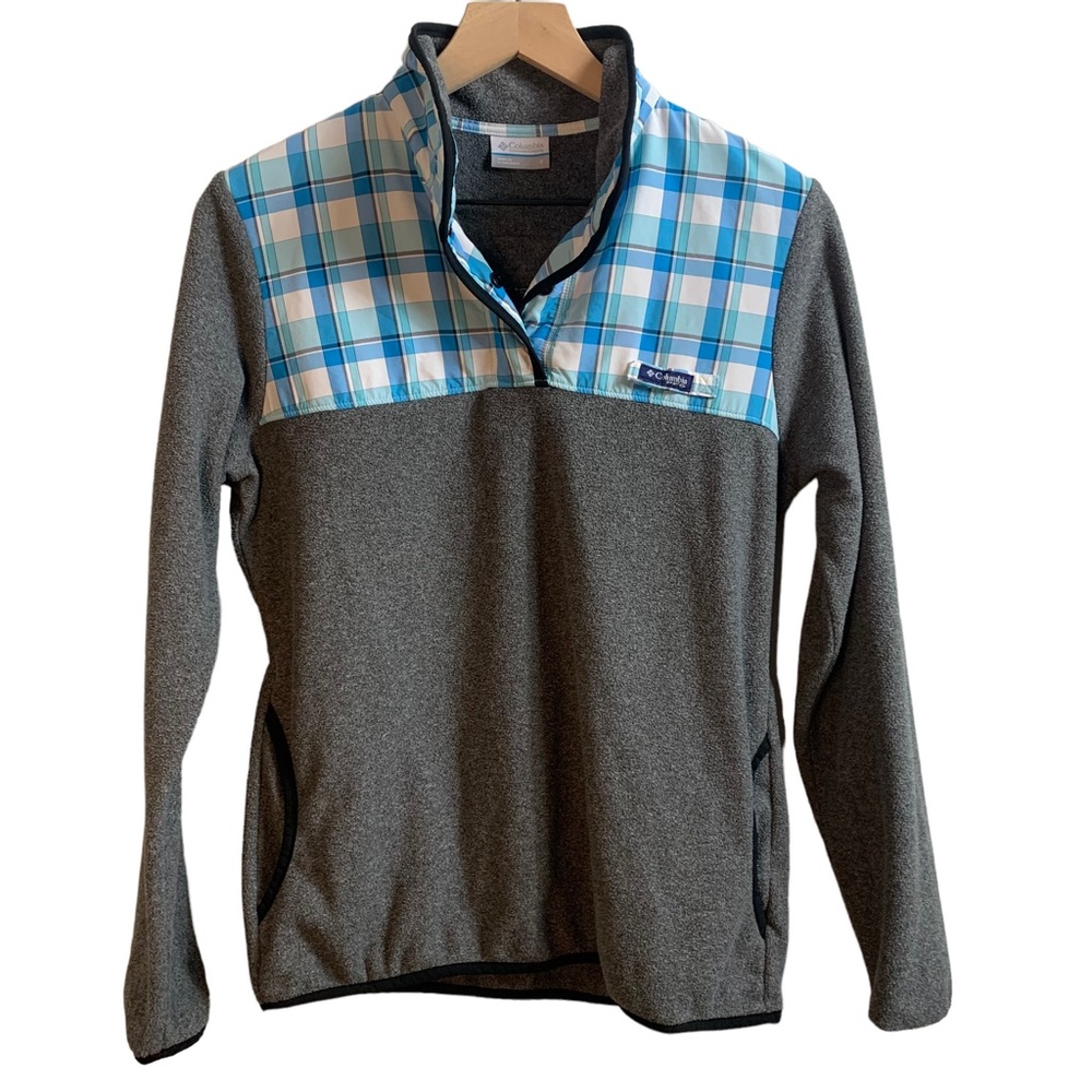 Columbia Womens Fleece Small Gray‎ Blue Plaid Overlay Pullover Outdoor Hiking